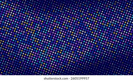 Colorful stars forming a diagonal pattern on a dark blue background, fading out at the bottom.Abstract background.