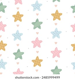 Colorful stars fun hand drawn seamless vector pattern. Cute childish background for kids room decor, nursery art, apparel, gift, fabric, textile, wrapping paper, wallpaper, print, packaging.