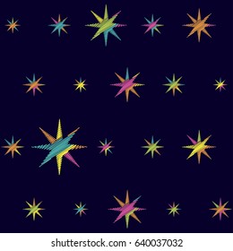 Colorful stars with machine embroidery texture, stitch effect seamless vector pattern. Repeating background illustration with embroidered eight-pointed star sparkles. Cosmic abstract graphic design.
