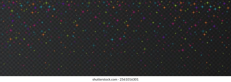 Colorful stars in night sky. Shiny festive confetti  isolated on white background.  Decoration for carnival, fiesta, birthday party, Christmas, New Year celebration. Happy holidays decor.