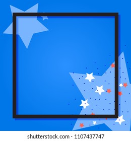 Colorful stars on blue background. Black frame. Greeting card in minimalistic style. Idea for 4 July. Vector illustration
