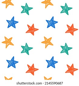 
Colorful stars on a white background. Yellow, red, blue, green stars are drawn by hand with a felt-tip pen. Abstract fashion print. Seamless vector pattern in doodle style.