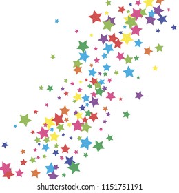 Colorful stars scattered diagonally. Isolated rainbow colors celestial elements. Festive bright vector background for celebration decorations.