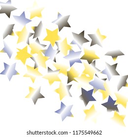 Colorful stars scattered diagonally. Isolated yellow blue white grey gradient stellar elements. Iridescent glitter festive celebration vector template for celebration decoration