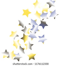 Colorful stars scattered diagonally. Isolated yellow blue white grey gradient celestial elements. Festive iridescent holographic shine effect vector template for celebration decoration