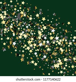 Colorful stars scattered diagonally. Isolated gradient celestial elements. Platinum chrome metal glitter. Iridescent festive  celebration vector  template for decorations, packaging.
