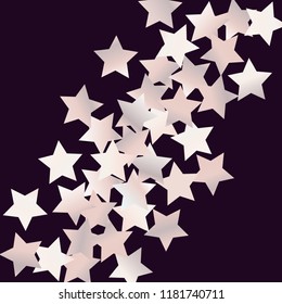 Colorful stars scattered diagonally. Isolated gradient stellar elements. Pale pink blue pearl nacre shine. Iridescent glitter festive celebration vector template 