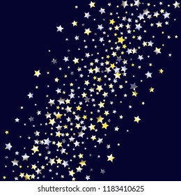 Colorful stars scattered diagonally. Isolated yellow blue white grey gradient celestial elements. Holiday celebration luminous glossy vector template for celebration decoration