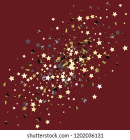 Colorful stars scattered diagonally. Isolated gradient celestial elements. Platinum chrome metal shine. Holiday celebration luminous vector template for decorations, packaging.