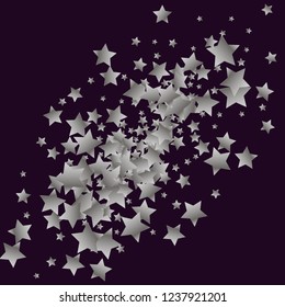 Colorful stars scattered diagonally. Isolated gradient stellar elements. Silver metal shine. Festive iridescent holographic shine effect vector template for decorations