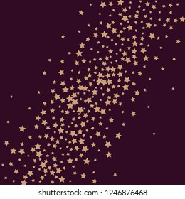 Colorful stars scattered diagonally. Isolated gradient celestial elements. Brass metal shine. Holiday celebration luminous glossy vector template for celebration decoration