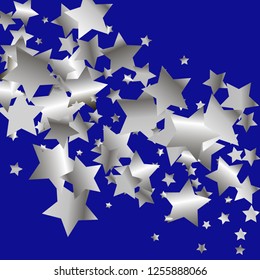 Colorful stars scattered diagonally. Isolated gradient stellar elements. Silver metal glitter. Iridescent glitter festive celebration vector template for decorations
