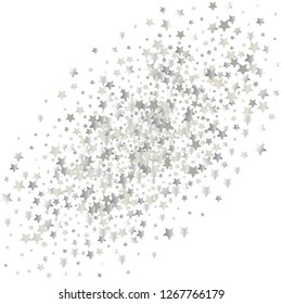 Colorful stars scattered diagonally. Isolated gradient celestial elements. Platinum metallic gloss. Holiday celebration luminous glossy vector template for decorations