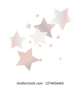 Colorful stars scattered diagonally. Isolated gradient stellar elements. Pale pink blue pearl nacre shine. Iridescent glitter festive celebration vector template 