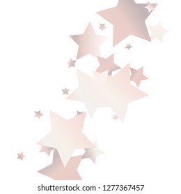 Colorful stars scattered diagonally. Isolated gradient celestial elements. Pale pink blue pearl nacre shine. Holiday celebration luminous glossy vector template 