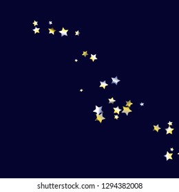 Colorful stars scattered diagonally. Isolated yellow blue white grey gradient celestial elements. Holiday celebration luminous glossy vector template for celebration decoration
