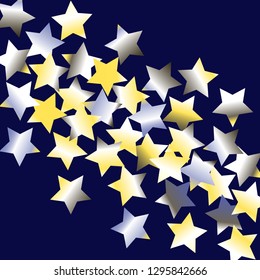 Colorful stars scattered diagonally. Isolated yellow blue white grey gradient celestial elements. Holiday celebration luminous glossy vector template for celebration decoration