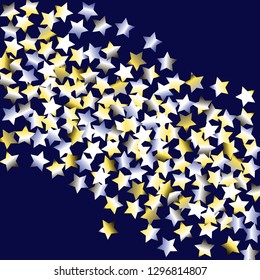 Colorful stars scattered diagonally. Isolated yellow blue white grey gradient stellar elements. Iridescent glitter festive celebration vector template for celebration decoration