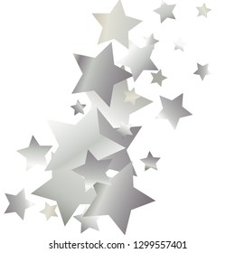 Colorful stars scattered diagonally. Isolated gradient celestial elements. Platinum metallic gloss. Festive iridescent holographic shine effect vector template for decorations