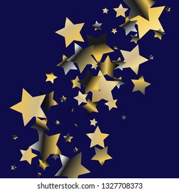 Colorful stars scattered diagonally. Isolated gradient celestial elements. Platinum chrome metallic gloss. Holiday celebration luminous vector template for decorations, packaging.
