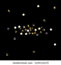 Colorful stars scattered horizontally. Isolated gradient celestial elements. Platinum chrome metallic gloss. Holiday celebration luminous vector template for decorations, packaging.