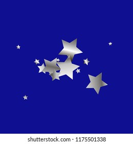 Colorful stars scattered horizontally. Isolated gradient celestial elements. Silver metal shine. Festive iridescent holographic shine effect vector template for decorations