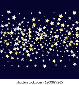 Colorful stars scattered horizontally. Isolated yellow blue white grey gradient stellar elements. Holiday celebration luminous glossy vector template for celebration decoration