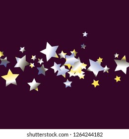 Colorful stars scattered horizontally. Isolated yellow blue white grey gradient stellar elements. Festive iridescent holographic shine effect vector template for celebration decoration