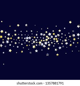 Colorful stars scattered horizontally. Isolated yellow blue white grey gradient celestial elements. Iridescent glitter festive celebration vector template for celebration decoration