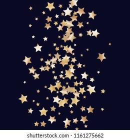 Colorful stars scattered vertically. Isolated gradient stellar elements. Brass metal glitter. Holiday celebration luminous glossy vector template for celebration decoration