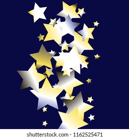 Colorful stars scattered vertically. Isolated yellow blue white grey gradient stellar elements. Festive iridescent holographic shine effect vector template for celebration decoration