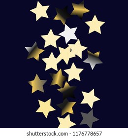 Colorful stars scattered vertically. Isolated gradient celestial elements. Platinum chrome metallic gloss. Iridescent festive  celebration vector  template for decorations, packaging.