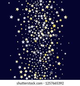 Colorful stars scattered vertically. Isolated yellow blue white grey gradient stellar elements. Festive iridescent holographic shine effect vector template for celebration decoration