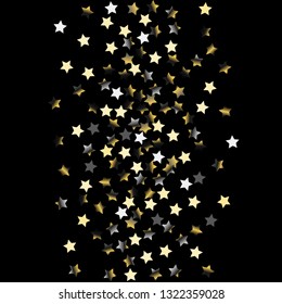Colorful stars scattered vertically. Isolated gradient celestial elements. Platinum chrome metal glitter. Iridescent festive  celebration vector  template for decorations, packaging.