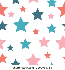 Colorful stars seamless pattern. Holiday joyful pattern with multicolored grey and blue vector stars on white background. Festive Stars Wallpaper.