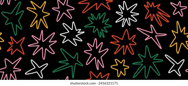 Colorful stars seamless pattern. Yellow, red, green and pink childish repeating motif on black background. Cartoon bright sparkles and sparks ornament wallpaper. Vector bright nursery backdrop