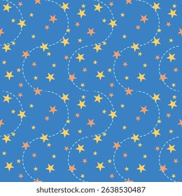 Colorful stars seamless pattern.Night Blue sky and line background.Abstract cute graphic illustration design for Holiday festival decoration,Christmas,birthday,texture, print decor,fabric,wallpaper.