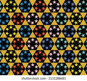 Colorful stars vector pattern on golden star background. Perfect for wallpaper, textile, backgrounds, fabric and fashion print.