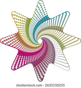 Une Image graphique en forme d'étoile colorée avec un motif en spirale de petites étoiles à l'intérieur. Les couleurs changent subtilement. Les étoiles rétrécissent en taille lorsqu'elles tournent vers le centre