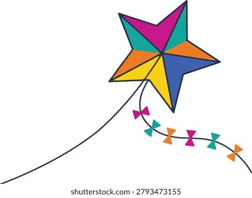 A colorful star-shaped kite with a long tail flies high in the sky, symbolizing fun and freedom in a playful outdoor setting.