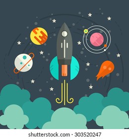 Colorful start up concept with space, planets, rocket and stars. Space illustration made in modern vector. Successful launch design. 