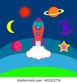 Colorful start up concept with space, planets, rocket and stars. Space illustration made in modern vector. Successful launch design.