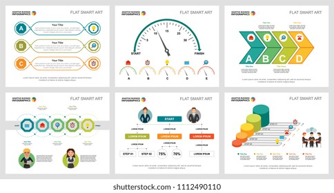 Colorful startup or workflow concept infographic charts set. Business design elements for presentation slide templates. Can be used for financial report, workflow layout and brochure design.