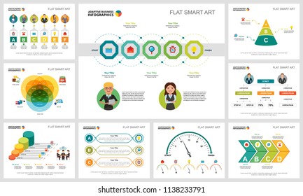 Colorful startup or workflow concept infographic charts set. Business design elements for presentation slide templates. Can be used for financial report, workflow layout and brochure design.
