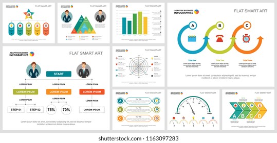 Colorful startup or workflow concept infographic charts set. Business design elements for presentation slide templates. Can be used for financial report, workflow layout and brochure design.