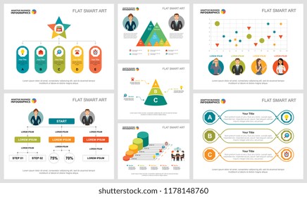 Colorful startup or workflow concept infographic charts set. Business design elements for presentation slide templates. Can be used for financial report, workflow layout and brochure design.