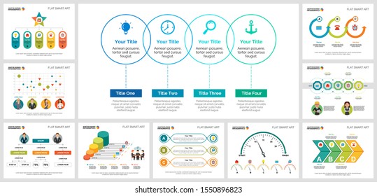 Colorful startup or workflow concept infographic charts set. Business design elements for presentation slide templates. Can be used for financial report, workflow layout and brochure design.
