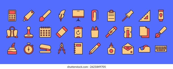 Colorful Stationery Icon Collection Featuring Various Office Tools and Supplies on a Vibrant Blue Background for Creative and Educational Purposes