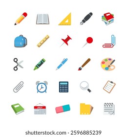 Colorful stationery icons set. School elements collection