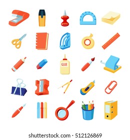 Colorful stationery icons set of various office supplies in flat style isolated vector illustration